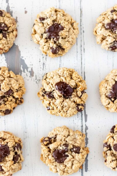 A group of soft and chewy Dark-Chocolate Chip Oatmeal Cookies.